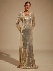 cheap Sequin Dresses-Women's Maxi Dress Floor Length Dress Trumpet Mermaid Dress Elegant Party Evening Party Cocktail Party Sequins Beaded Regular Fit Solid Color Long Sleeve Crew Neck Gold Spring Fall Winter