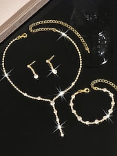 abordables Collier pour femme-Ensemble de bijoux pour femme en strass dorés : collier élégant en forme de Y et boucles d’oreilles pendantes &amp;Bracelet, accessoires en cristal étincelants pour bals de fin d'année et fêtes