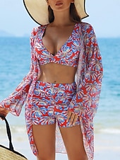 tanie 3-częściowy zestaw bikini-Damskie Stroje kąpielowe Bikini Trzyczęściowy Krótkie spodnie Kostium kąpielowy Szczupła Odkryte plecy Urlop Stroje plażowe Kwiaty Liście W serek Bez rękawów Kostiumy kąpielowe