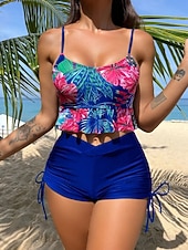 levne Tankiny-Dámský tankini 2-dílný plavecký úbor s řasením palm šortky kontrola břicha vysoký pas štíhlé bez zad dovolená plážové oblečení květinový kulatý výstřih bez rukávů