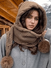 رخيصةأون قبعات نسائية-وشاح نسائي محبوك بغطاء للرأس لعيد الميلاد - مبطن بالصوف المريح، مع تفاصيل بوم بوم، وخيارات متعددة الألوان لأزياء الشتاء، مثالي كهدية في العطلات والأنشطة الخارجية