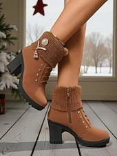 baratos Botas de neve e inverno-Botas femininas marrons de cano curto com salto alto – botas de inverno de couro sintético com cadarço, punhos de tricô e detalhes em pérola, perfeitas para o Natal e looks do dia a dia.