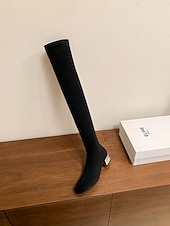 お買い得  ファッションブーツ-ラインストーンブロックヒール、ジッパー開閉、冬や夜のお出かけにぴったりのスタイリッシュでエレガントなレディースニーハイスエードブーツ。