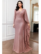 baratos Ball Gown Evening Dresses-Sheath Column Floor Length Evening Gown Ball Gown with Overskirt Formal Dress Elegant Glittering Sparkle Long Sleeve V Neck Wedding Formal Capes Lurex Fabric with Glitter Embroidery