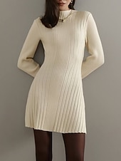 levne Svetrové šaty-Dámské Svetrové šaty Elegantní Na běžné nošení Měkké Čistá barva Rýhovaný Tričkový Pletený Dlouhý rukáv Dlouhé topy Plést Venkovní Denní Víkend Černá Fialová Podzim Zima