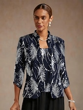 halpa Naisten puseropuvut-Naisten Pusero Mekkoiset topit Paljetti Kirjailtu Sulka Tyylikäs 3/4 hiha Pystykaulus Tavalliset topit Iltajuhlat Häävieras Laivaston sininen Kevät Syksy Talvi