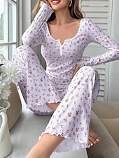  Women's Pajama Set Casual Comfort Floral Elastic Waist Pant Home Daily Long Sleeve U Neck White Yellow Pink Purple Spring Fall Regular Fit