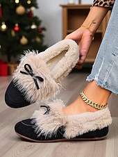 preiswerte Ballerinas für Damen-Damen Loafer Klassische Loafer Weiche Schuhe Komfortschuhe Weihnachten Täglich Schleife Flacher Absatz Runde Zehe Lässig Komfort Kunstpelz Kunstwildleder Loafer Rot orange Mandelfarben Schwarz