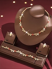 billige Halskjede for kvinner-kvinners gullblad &amp;rødt krystallsmykkesett - delikat halskjede, dråpeøreringer &amp;matchende armbånd, romantisk blomstertilbehør til fester, bryllup &amp;spesielle arrangementer