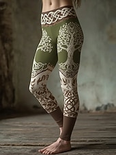  Per donna Vichingo Leggings Leggings comodi Vacanza Vintage Stile Etnico Lunghezza intera Vita Alta Grafico Albero Stampa Confortevole Alta elasticità Casuale Quotidiano Vacanza Verde Primavera