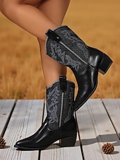 Χαμηλού Κόστους Καουμπόη και δυτικές μπότες-Γυναικείες καφέ μπότες western μέχρι τη μέση της γάμπας – καουμπόικες μπότες από τεχνητό δέρμα με κεντημένο σχέδιο για φθινοπωρινές, country style και εκδηλώσεις ροντέο