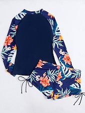 Недорогие Танкини-Женский танкини из 2 предметов купальник с молнией спереди пальмы шорты контроль живота высокая талия узкий спина без бретелек пляжная одежда цветочный листья высокий вырез длинные рукава