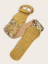 baratos Cinto Feminino-Cinto feminino elástico em couro sintético com lantejoulas douradas brilhantes, perfeito para festas de Natal e outras ocasiões especiais.