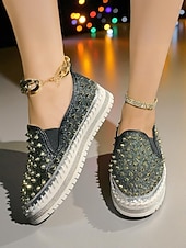 voordelige Damessneakers-Dames instapsneakers met glitter en studs - glinsterende platformschoenen met strass-versiering voor uitgaansgelegenheden, feesten en clubwear &amp;feestelijke outfits