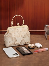 abordables Pochettes et sacs à main de soirée-Pochette élégante pour femme avec anse en nacre - motif floral brodé et finitions dorées, disponible en plusieurs couleurs, idéale pour les mariages, les fêtes et les occasions formelles.