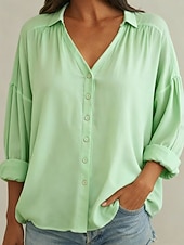 preiswerte Damen Einfache Oberteile-Damen Hemd Bluse Einfach Elegant Stilvoll Langarm V Ausschnitt Normale Oberteile Täglich Ferien Ausgehen Gerafft Knöpfe Weiß Hellgrün Rosa Himmelblau Sommer Frühling Herbst Winter