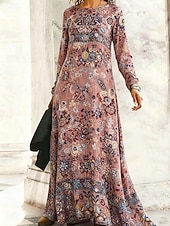 abordables Vestidos Florales Impresos-Mujer vestido largo vestido largo Vestido informal Vestido de Columpio Vestido bohemio Vintage Diario Exterior Fin de semana Ajuste regular Floral Manga Larga Cuello Barco Rosa Primavera Otoño