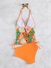 economico Tankini-Costume da bagno tankini da donna 2 pezzi arricciato palmo cheeky controllo pancia vita alta slinguato senza schiena vacanza in spiaggia scollatura a halter floreale senza maniche