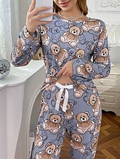 billige Natttøy-Dame Pyjamas lounge Pyjamas Sett Fritid Tegneserie Elastisk midje Bukse Hjem Seng Langermet Crew-hals Blå Vår Høst Løstsittende
