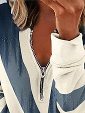 voordelige Strepen- en Geometrische Blouses-Dames Trui-sweatshirt Sweatshirts met rits Vetoketju Afdrukken Grafisch Geometrisch Modieus Casual Lange mouw Strakke ronde hals Normale tops Casual Straat Dagelijks gebruik blauw Lente Herfst Winter