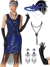 baratos Vestidos dos anos 1920-Conjunto Loucos anos 20 Anos 20 Até os Joelhos Vestidos Vestido melindroso Roupa com acessórios Sem Mangas O Grande Gatsby charleston Paetês Franjas Pena Decote V Fantasia Mulheres Carnaval Ano Novo