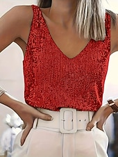 Χαμηλού Κόστους Απλή δεξαμενή-Γυναικεία Μπλούζα Μπλουζάκια με παγιέτες Πούλιες Σκέτο Κομψό Στυλάτο δυτικός Αμάνικο Λαιμόκοψη V Κανονικά μπλουζάκια Καθημερινά Αργίες Εξόδου Μαύρο Λευκό Ρουμπίνι Καλοκαίρι Άνοιξη Φθινόπωρο