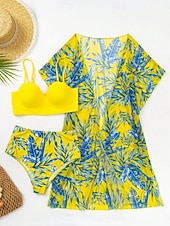 abordables Ensemble bikini 3 pièces-Maillot de bain bikini 3 pièces pour femmes palmiers culottes slim dos nu vacances vêtements de plage feuilles décolleté en V sans manches maillots de bain