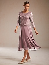 olcso Sifonruhákk-Női Midi ruha Sifon ruhák Elegáns Estély Esküvői vendég Flitter Csipke Normál Tömör szín Háromnegyedes Terített nyak Arcpír rózsaszín