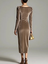 preiswerte Einfaches Kleid-Weihnachten Damen Midikleid Etui-Kleid Elegant Party Cocktail Outdoor Party Hochzeitsgast Patchwork Schlank Einfarbig Langarm Wasserfallausschnitt Fuchsie Braun Grün