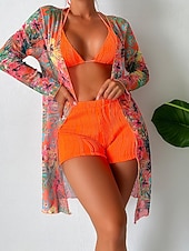 preiswerte 3-teiliges Bikini-Set-Damen Bikini 3-teilig Badeanzug Palm Shorts Bauchkontrolle Hohe Taille Slim Rückenfrei Urlaub Strandbekleidung Blumen Halterhals Ärmellose Bademode