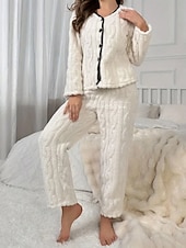 Χαμηλού Κόστους Γυναικεία Μπλουζάκια και Παντελόνια Ύπνου-Γυναικεία Σετ Πυτζάμες Καθημερινό Ανατομικό Μονόχρωμες Ελαστική μέση Παντελόνι Σπίτι Καθημερινά Μακρυμάνικο Λαιμόκοψη V Λευκό Ανθισμένο Ροζ Άνοιξη Φθινόπωρο Χειμώνας Κανονικό