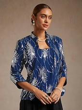  Mulheres Blusa Tops elegantes Tops de noite Paetês Pena Elegante Manga 3/4 Colarinho Mandarim Tops regulares Festa de Noite Traje formal Traje para coquetel Azul Real Primavera Outono Inverno