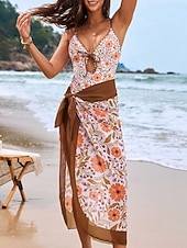 billige Onepiece badedrakter-Kvinners Én Bit Badedrakt Siksak Utskjæring med Skjørt Monokini Magekontroll Høy Midje Slank Ryggløs Ferie Strandantrekk Blomstret V Hals Ermeløse Badedrakter