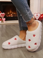 cheap Valentine's Day-Women's White Plush Fleece Slippers with Red Heart Embroidery – Warm Fluffy Thick Sole House Shoes for Bedroom, Valentine's Day &amp; Gifts