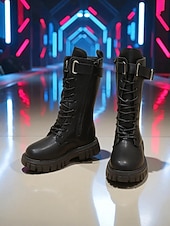 tanie Kozaki dziecięce-Buty dla dzieci w stylu koreańskiej gwiazdy popu inspirowane idolką - białe skórzane buty bojowe z paskiem na klamrę, idealne na występy, imprezy i do modnych stylizacji