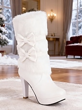 levne Sníh a zimní boty-Dámské bílé sněhule na vysokém podpatku z umělé kožešiny s mašlí - elegantní zimní obuv se zapínáním na zip, elegantní pro formální i sváteční příležitosti