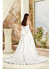 cheap Wedding Dresses-Hall Formal Wedding Dresses A-Line Square Neck Sleeveless Court Train Satin Bridal Gowns With Bow(s) Split Front