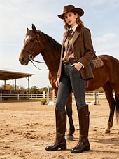 economico Stivali da cavallo-stivali da equitazione marroni alti fino al ginocchio da donna – stivali stringati in similpelle in stile equestre vintage per l'autunno, passeggiate all'aperto e abiti da campagna