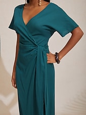 economico Abiti floreali-Abito midi a portafoglio arricciato con scollo a V in lino tencel arancione rosso da donna