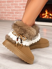 billige Snow &amp; Winter Boots-Brune, koselige støvletter med fuskepelsfôr og heklede detaljer til dame – uformelt vintersko med perledetaljer og mykt plysjfôr, perfekt til jul, høytidsgaver og uformelle vinterturer.
