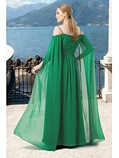voordelige Vloerlengte-A-lijn Tot de grond Bruiloft gast jurk Formele jurk Avondjurk Moeder van de bruid jurk Lange mouw Schouderafhangend Elegant Eenvoudig Formeel Chiffon met Plooien
