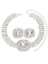 ieftine Colier de damă-Set de bijuterii din cristal pentru femei - colier tip choker cu strasuri strălucitoare și inele statement pentru petrecere, banchet de seară sau ocazii speciale