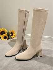 economico Stivali alla moda-stivali sopra il ginocchio da donna in pelle scamosciata con chiusura a cerniera, tacco a blocco, comodi ed eleganti per l'inverno o le uscite casual