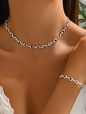 baratos Dia dos Namorados-Conjunto de colar e pulseira com pingente em formato de coração, feito de liga metálica, disponível em diversas cores – acessório perfeito para o Natal e Dia dos Namorados.