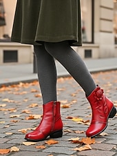 رخيصةأون جزمة الكاحل-حذاء نسائي من الجلد الأحمر بكعب متوسط وتطريز زهور - حذاء قصير كلاسيكي بكعب متوسط للملابس الكاجوال والأنيقة