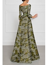 economico Abiti da Sera a Linea A-Abito da sera A-Line in jacquard floreale elegante formale lungo fino al pavimento con maniche a 3/4 scollo a V in nylon con fiocco/i e spacco