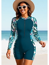 baratos Rash Guards de Uma Peça-Mulheres Padrão Anti Atrito Maiô de surfe de uma peça Roupa de banho Floral Tropical Bloqueio de cores Zip Up Com sutiã embutido Bojo Removível Proteção Solar UV UPF50+ Ultra Leve (UL) Manga Longa