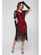 preiswerte 1920er Kleider-Goldene Zwanziger 1920er Knielang Flapper Kleid Kurze Ärmel Der große Gatsby Pailletten Fransen V Ausschnitt Kostüm Damen Weihnachten Karneval Flüsterkneipe Maskerade Retro-Mottoparty Erwachsene