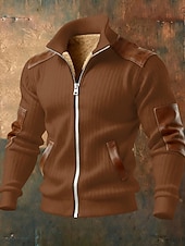 cheap Casual Jackets-Men's Winter Coat Fleece Jacket Casual Jacket Outdoor Casual Thermal Warm Patchwork Pocket Fall Winter Plaid Streetwear Daily High Neck Regular Camel Black White Navy Blue Brown Jacket