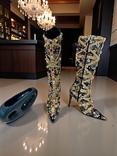 ieftine Cizme de modă-Cizme stiletto pentru femei, decorate cu pietre prețioase colorate și detalii aurii, cizme de lux la modă pentru petreceri de seară și ocazii speciale